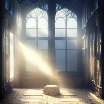 Cinematic gothic interior with sun rays through arched windows